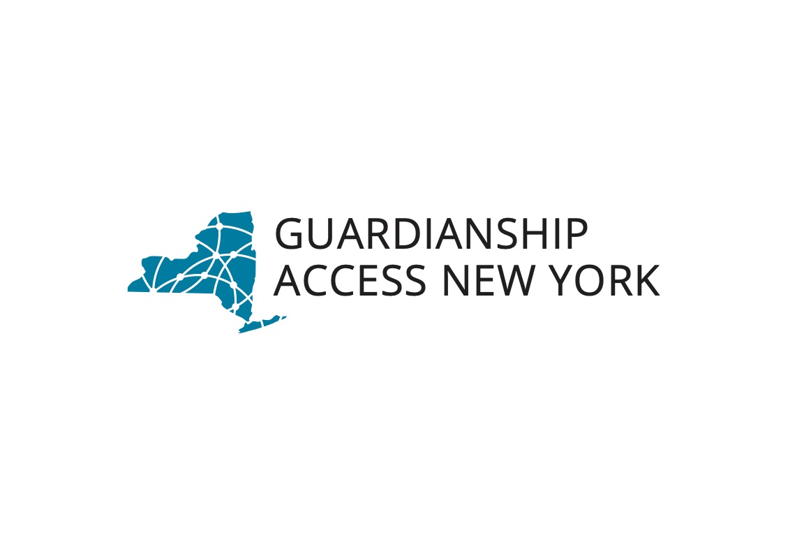 Logo image. PG teal New York State icon with words Guardianship Access NY next to it in black
