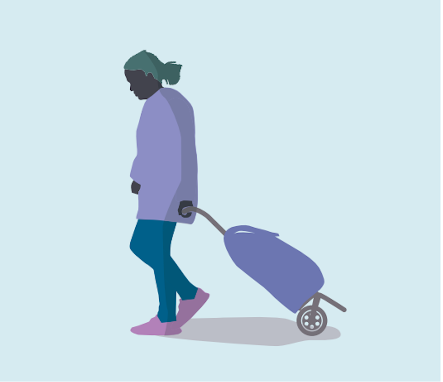 Black woman carrying a purple rolling bag against blue background.