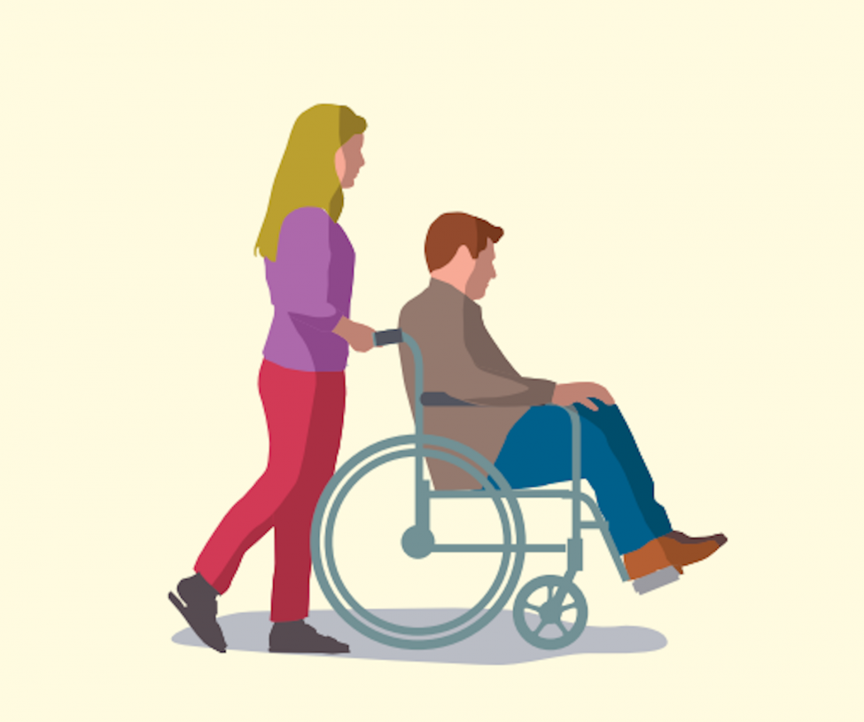 Woman pushing man in wheelchair, on yellow background