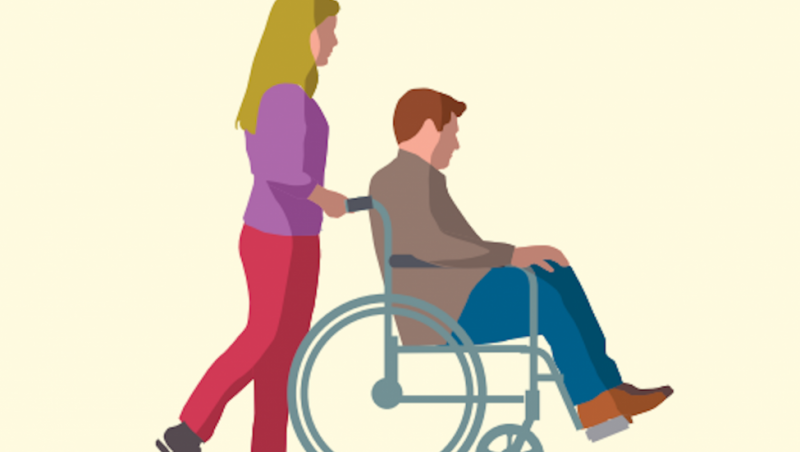 Woman pushing man in wheelchair, on yellow background