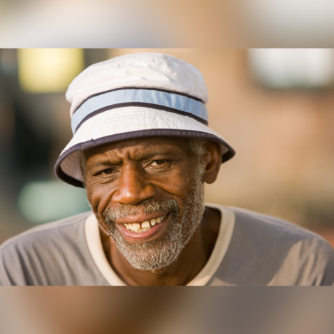 Headshot of a smiling middle-aged black man in a white t-shirt and white bucket hat